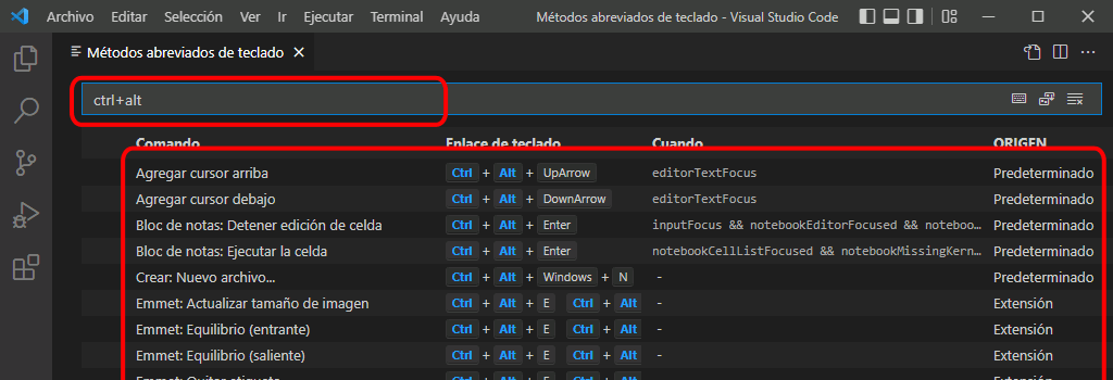 VSC. Crear atajo de teclado