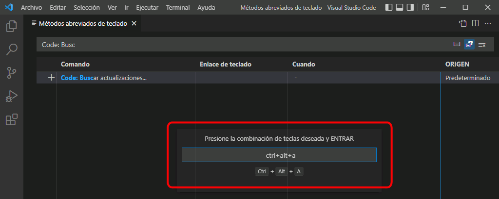 VSC. Crear atajo de teclado