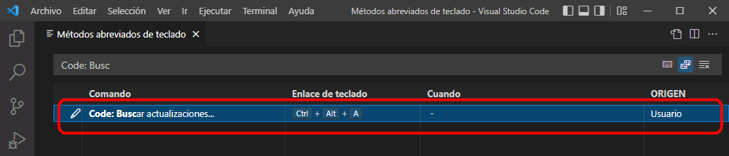 VSC. Crear atajo de teclado