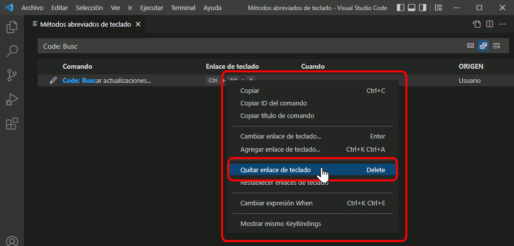 VSC. Crear atajo de teclado