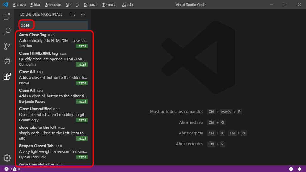 VSC. Instalar extensiones