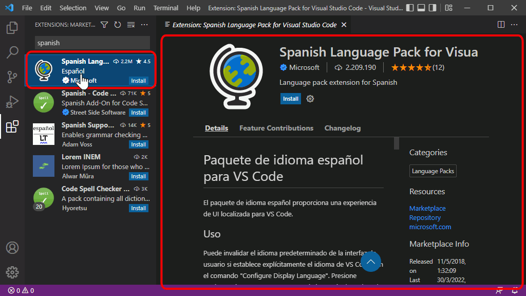 VSC. Instalar paquete de idioma español