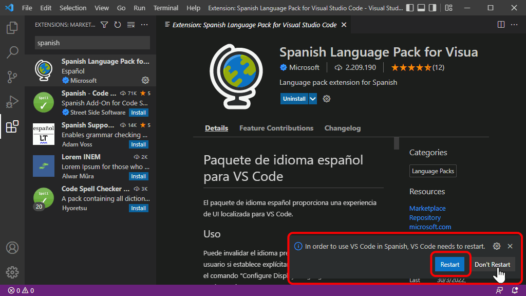 VSC. Instalar paquete de idioma español