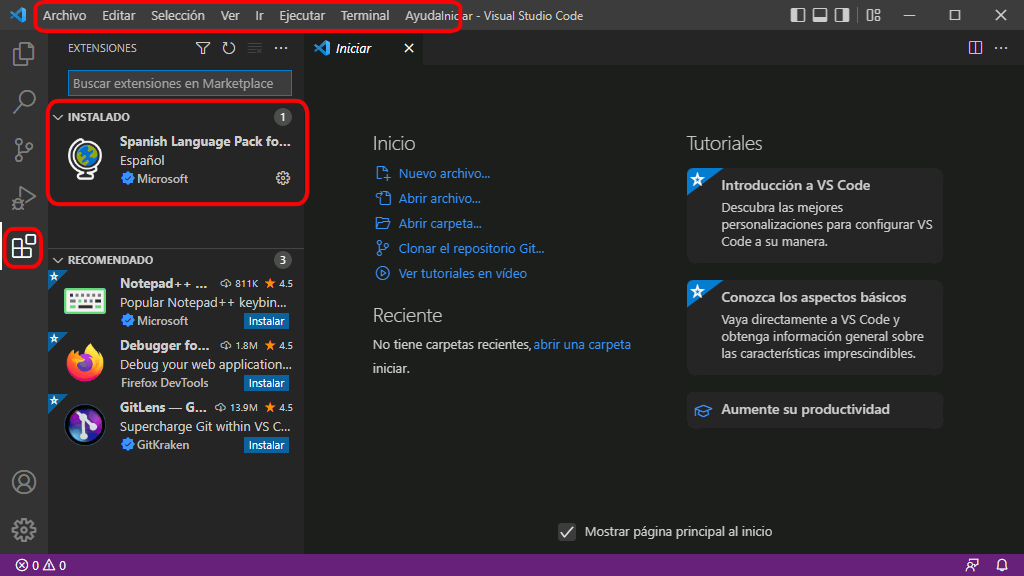 VSC. Instalar paquete de idioma español