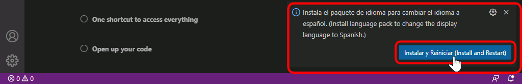 VSC. Instalar paquete de idioma español automáticamente