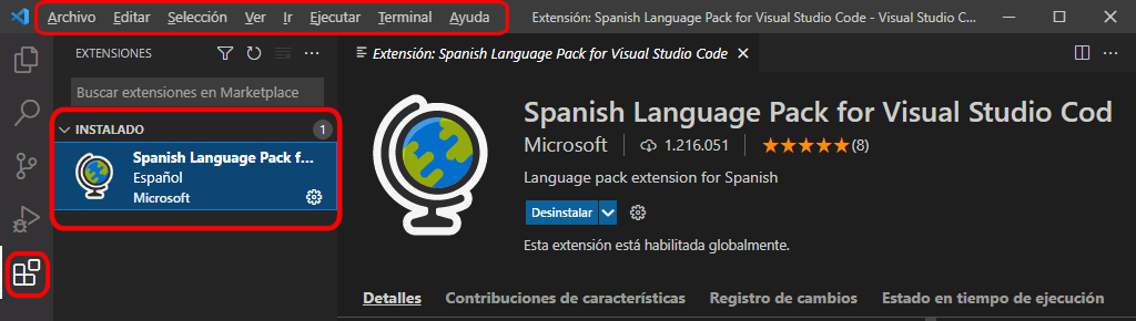 VSC. Instalar paquete de idioma español automáticamente