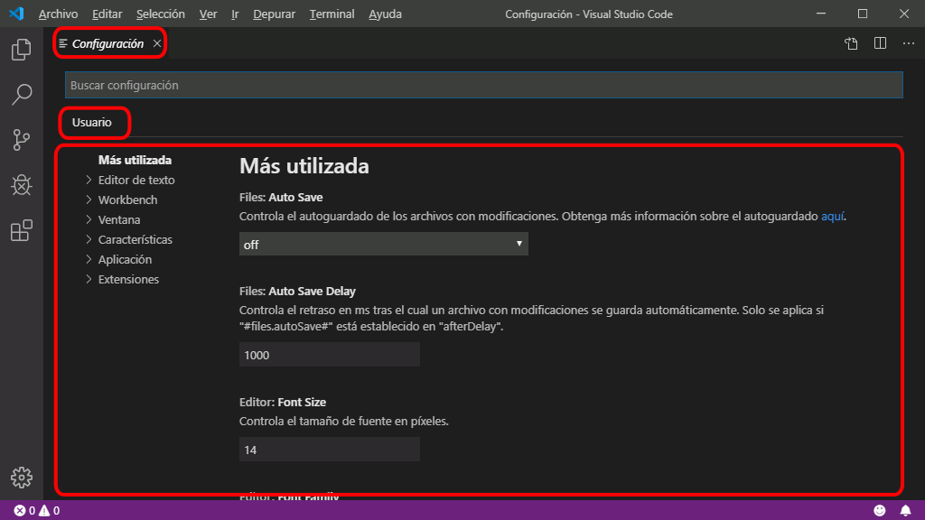 VSC. Modificar preferencias